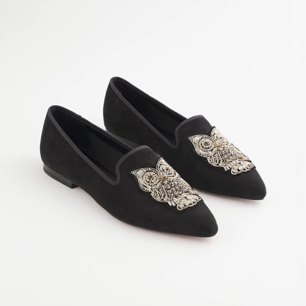 Chico's NWT Black Suede Pointed Flats with Gold Beaded Owl Embellishment